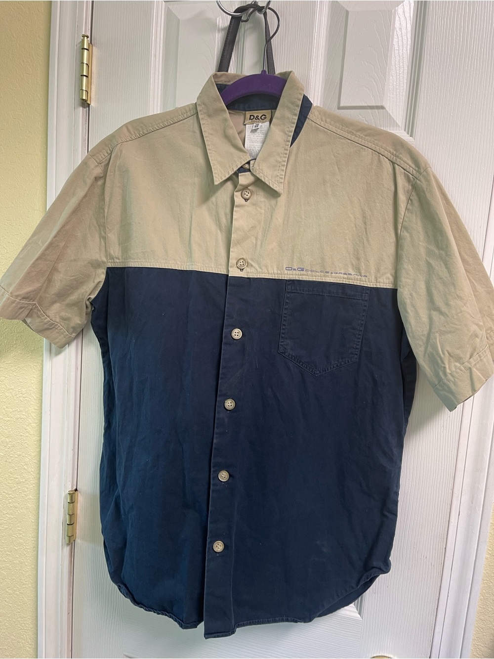 Dolce & Gabbana Two-Tone Short Sleeve Button-Down Shirt - Navy & Tan
